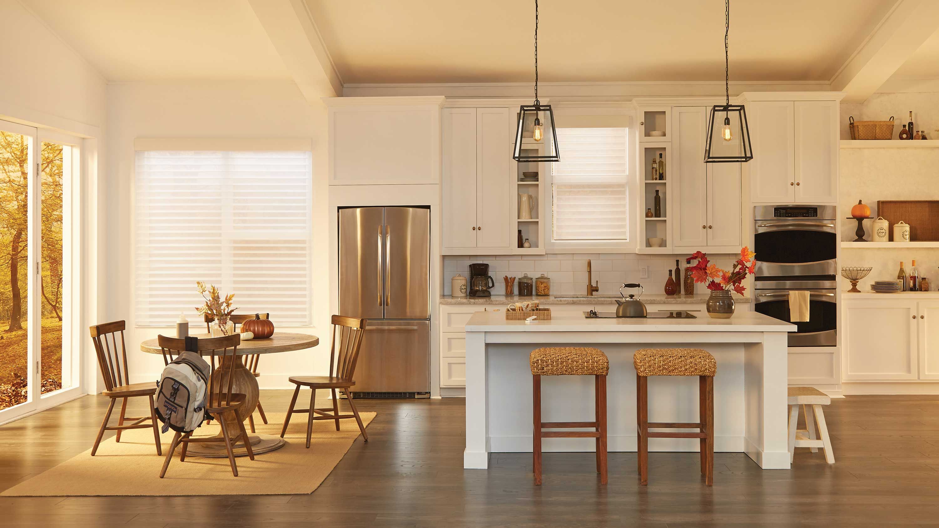warm toned kitchen from lutron with window shading