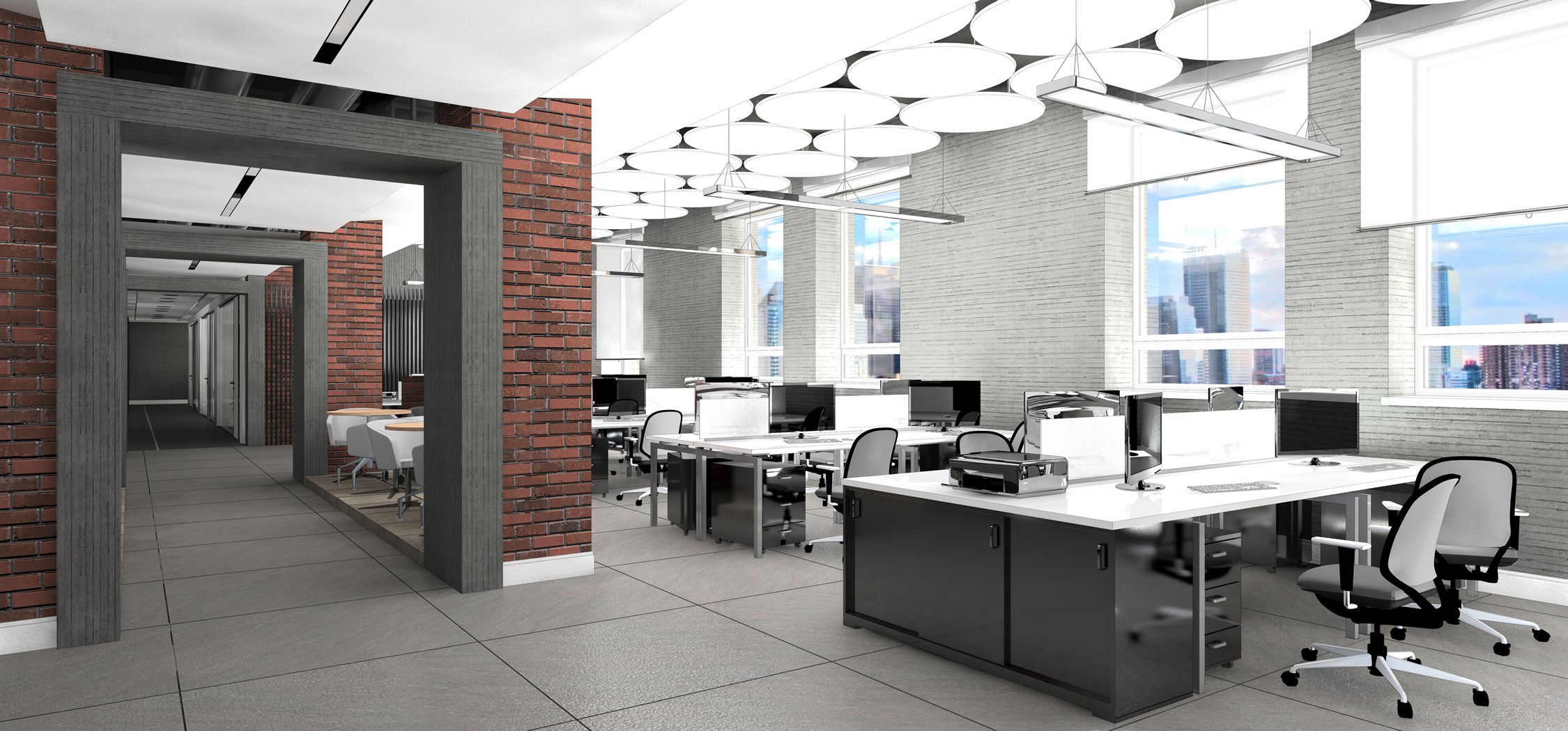 office space with grey accents and brick pillars, light
